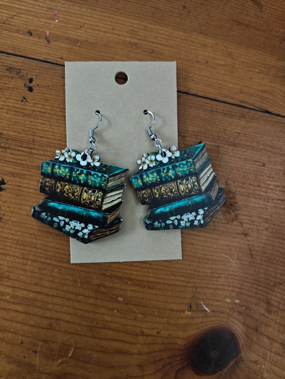 Stacked Books Floral Drop Earrings